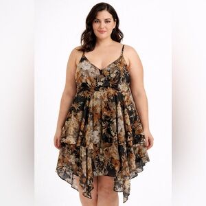 Xhilaration Size L Brown Floral Handkerchief Hem Dress